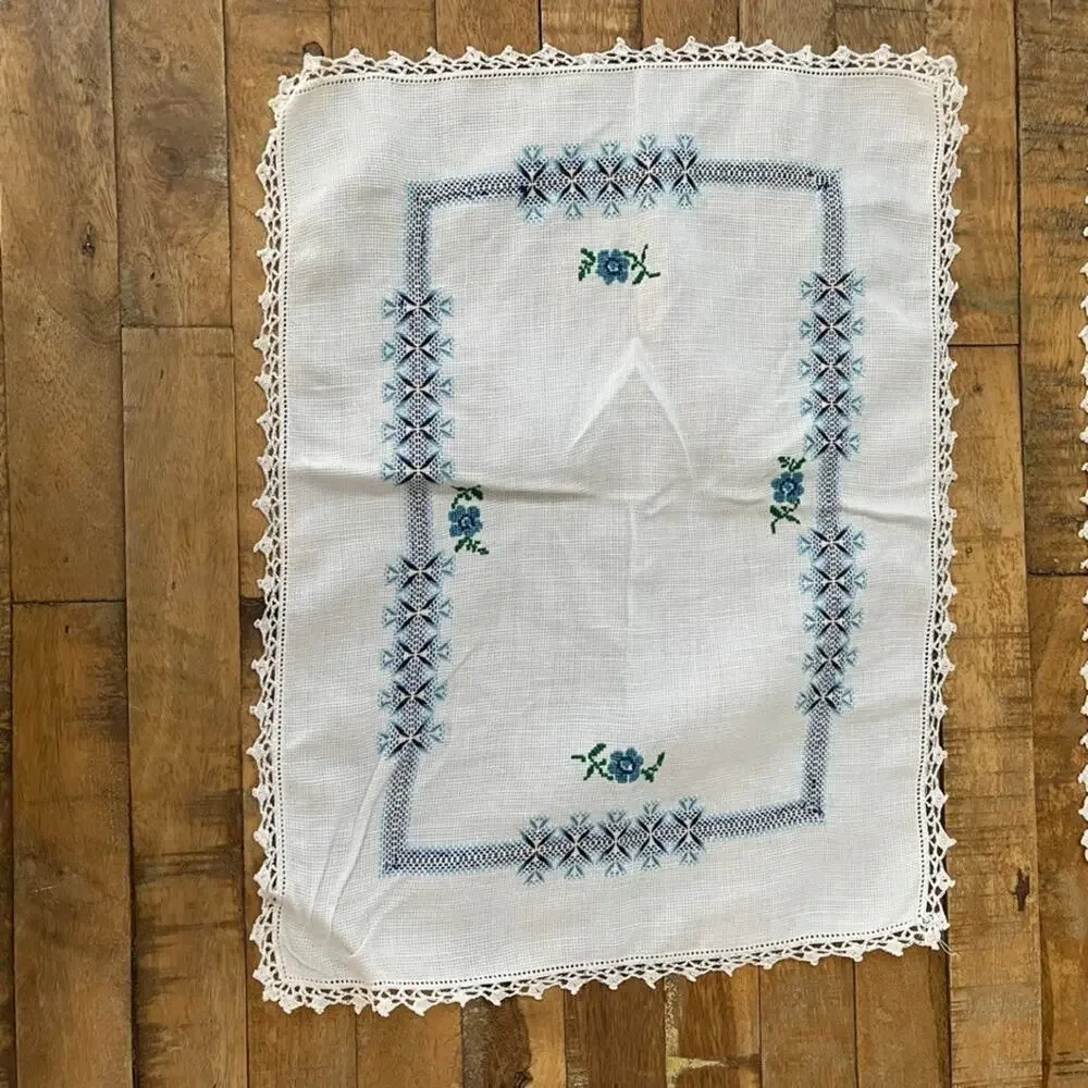 White Cotton Napkin Set (4) Handmade Blue Cross-Stitch Floral Crochet Border
